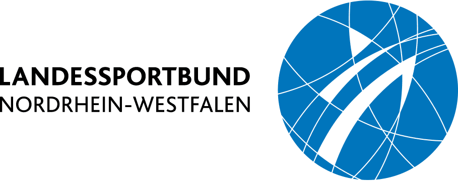 Logo des Landessportbundes Nordrhein-Westfalen mit blauer Grafik und schwarzem Schriftzug.